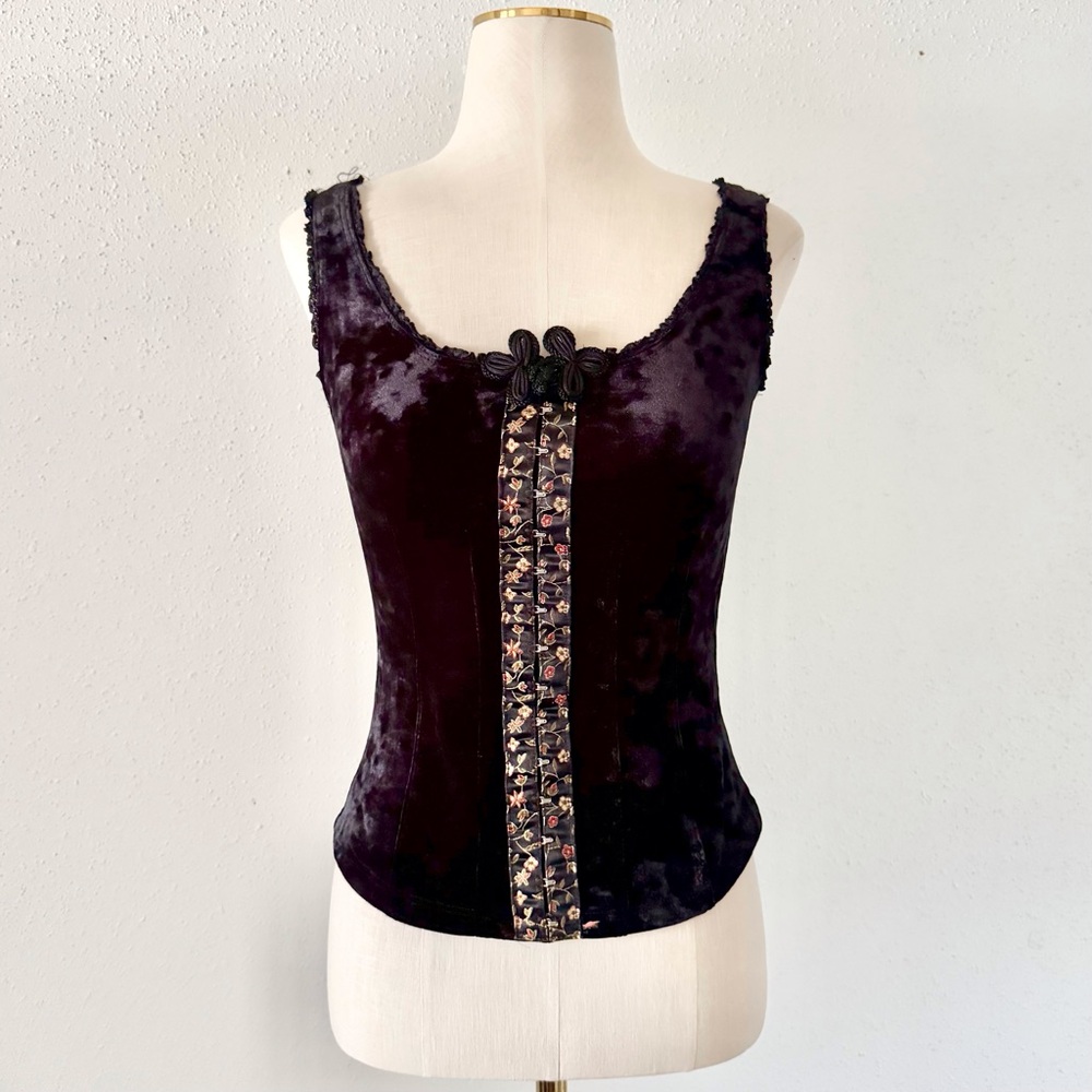 NALLY MILLIE Black Velvet Asian-Inspired Corset Sleeveless Top Women's Sz Small